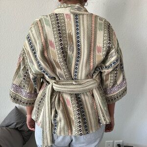 Textured Belted Kimono Jacket in Cream and Multicolor